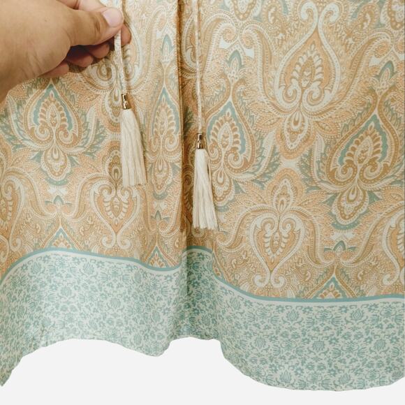 ROSE + OLIVE Womens Beige Tan S Tunic Top Long Sleeve Paisley Print Boho V-Neck - Picture 4 of 9